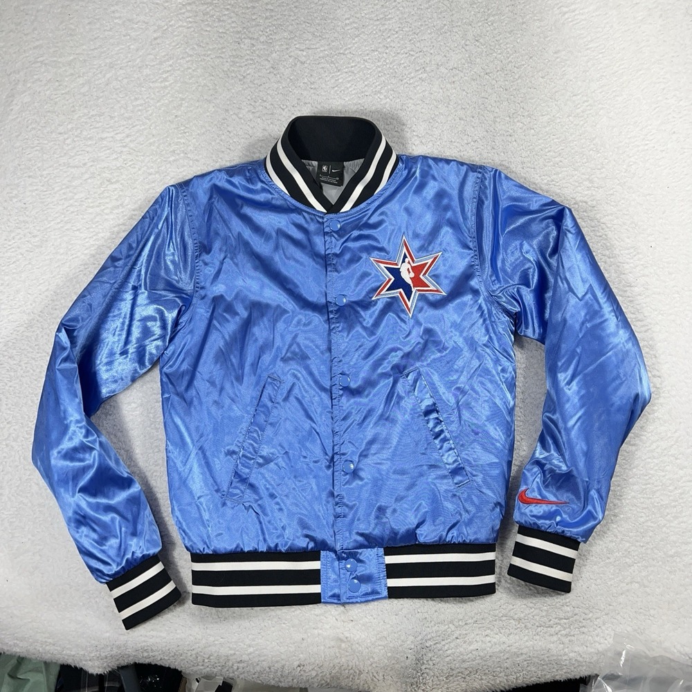 NIKE NBA ALL STAR GAME COURTSIDE AUTHENTIC SATIN Bomber Jacket Small BLUE